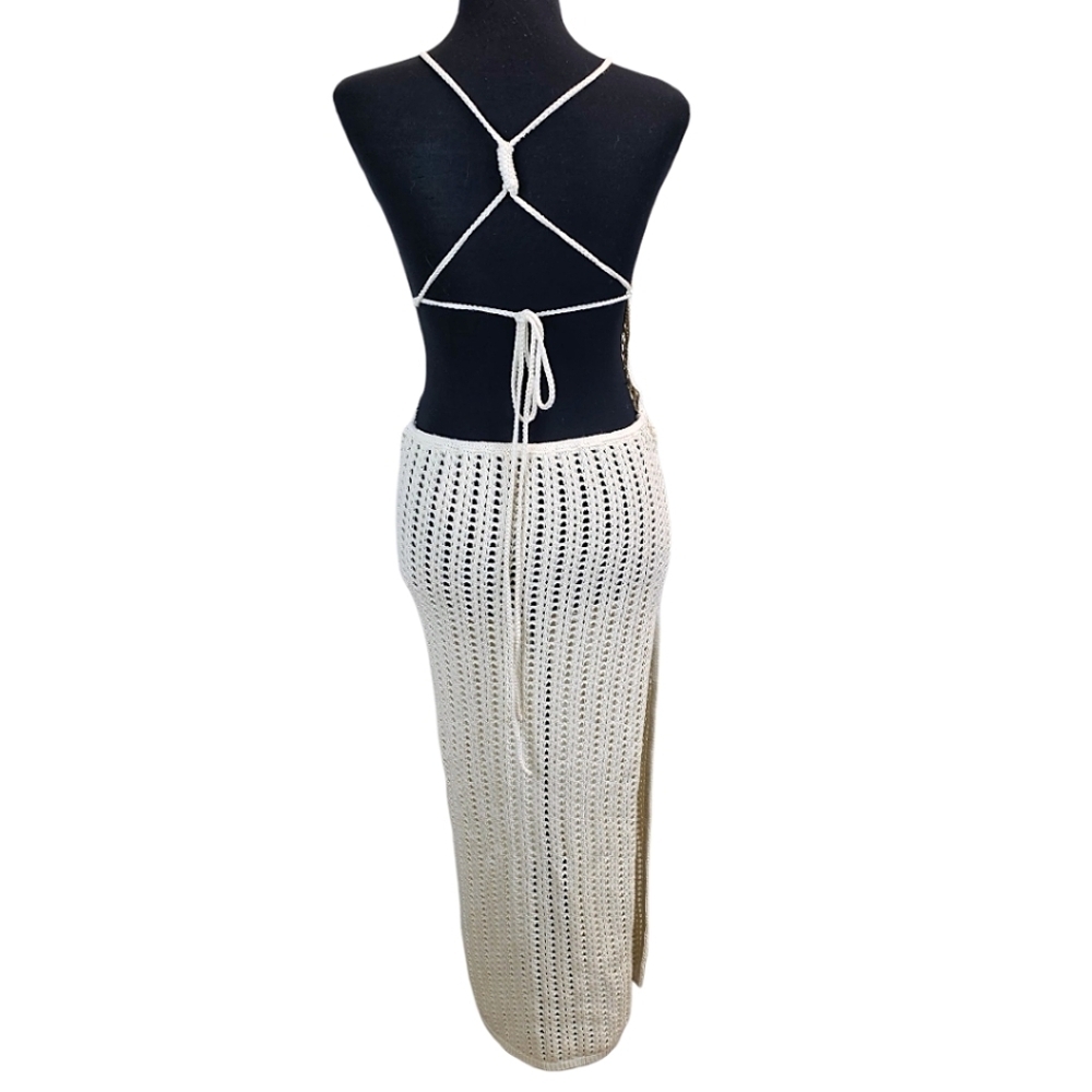 Forever 21 Ivory Crochet Knit Midi Dress Small Boho Chic Resort Beach Cover Up - Picture 4 of 12